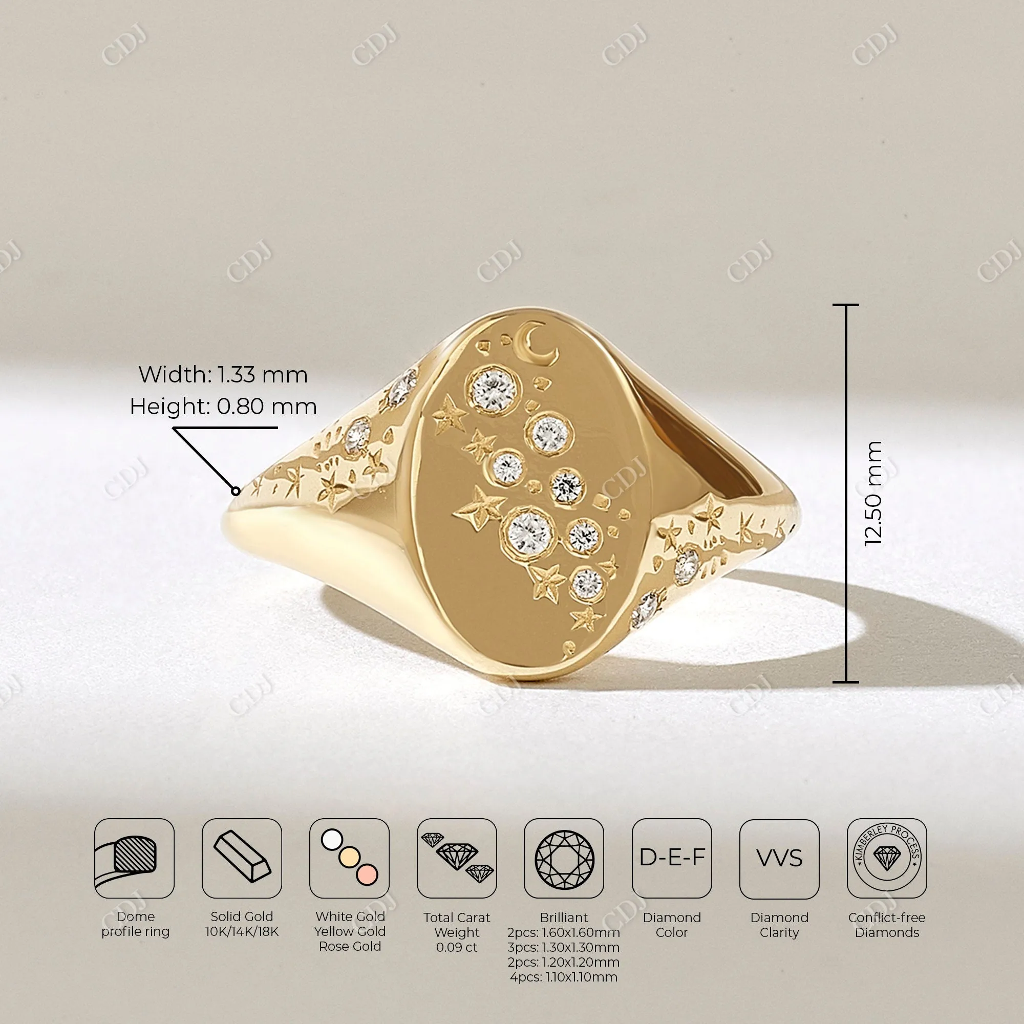 0.09CTW Real Diamond Celestial Signet Ring