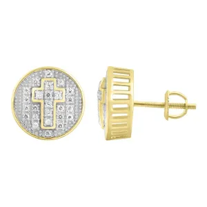 0.25cttw Diamond Cross Round Stud Mens Earrings 10k Yellow Gold Screw Back