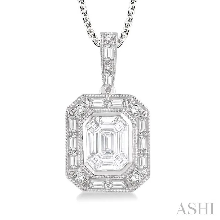 1/2 Ctw Emerald, Baguette & Round Cut Fusion Diamond Pendant in 14K White Gold