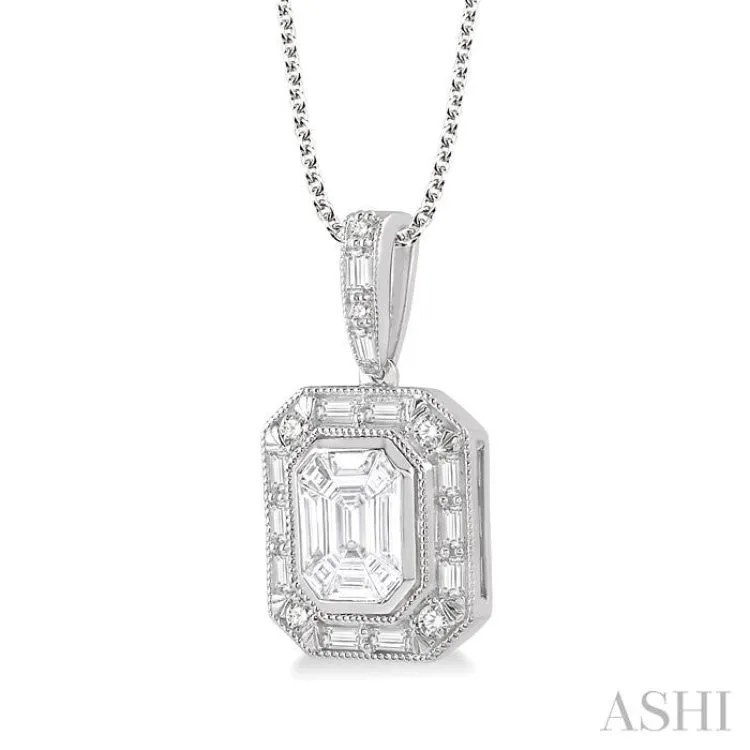 1/2 Ctw Emerald, Baguette & Round Cut Fusion Diamond Pendant in 14K White Gold