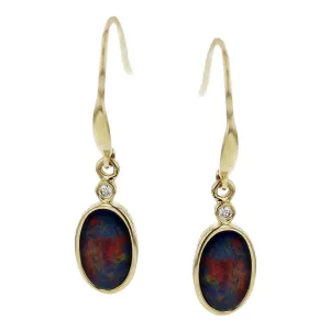 14K Oval Black Opal Doublet and Diamond Earrings