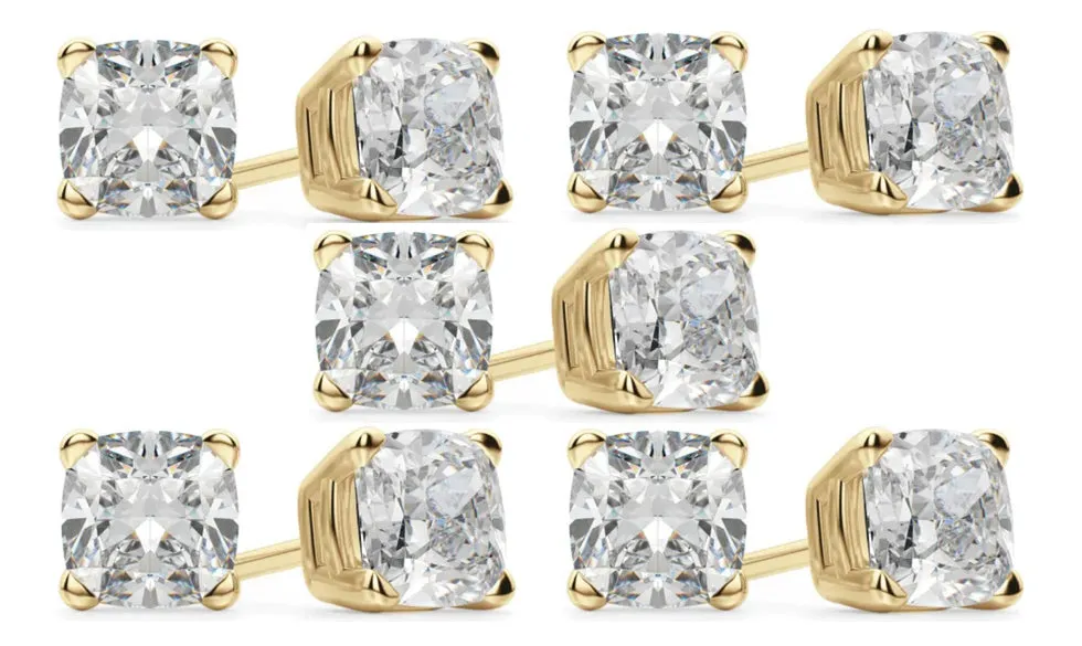 14k Yellow Gold 6mm 4Ct Cushion Cut White Sapphire Set Of Five Stud Earrings Plated