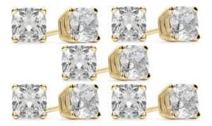 14k Yellow Gold 6mm 4Ct Cushion Cut White Sapphire Set Of Five Stud Earrings Plated