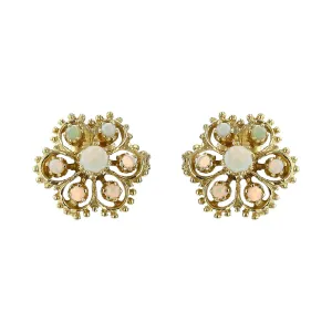 14K Yellow Gold Cabochon Opal Sunburst Earrings