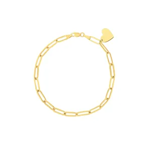 14K Yellow Gold Dangle Heart Paper Clip Bracelet
