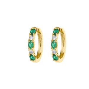 14K Yellow Gold Emerald and Diamond Hoop Earrings