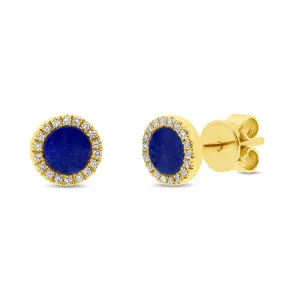 14K Yellow Gold Round Stud Lapis Earrings with Diamond Halo