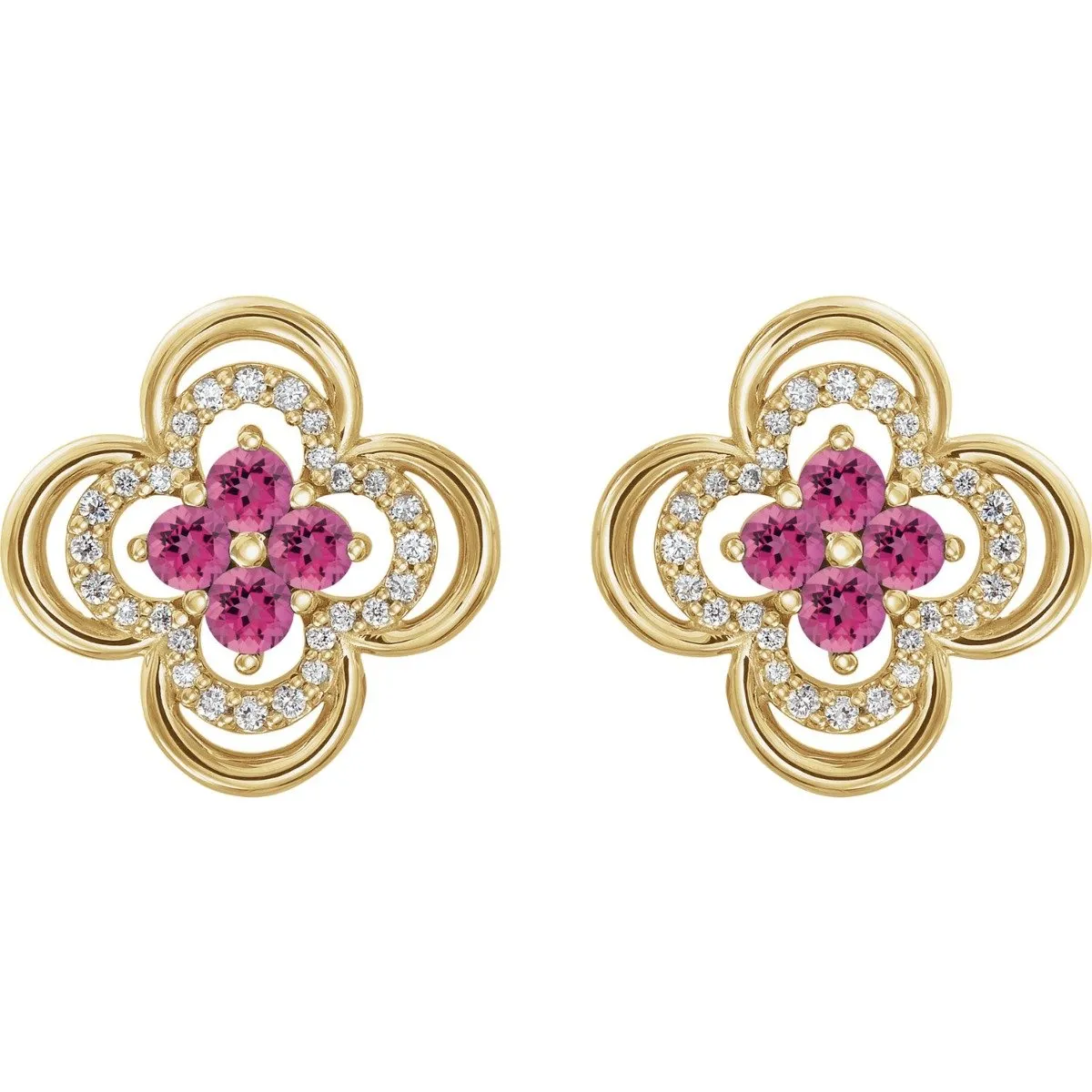 14KT GOLD 0.32 CTW PINK TOURMALINE & 1/5 CTW DIAMOND CLOVER EARRINGS
