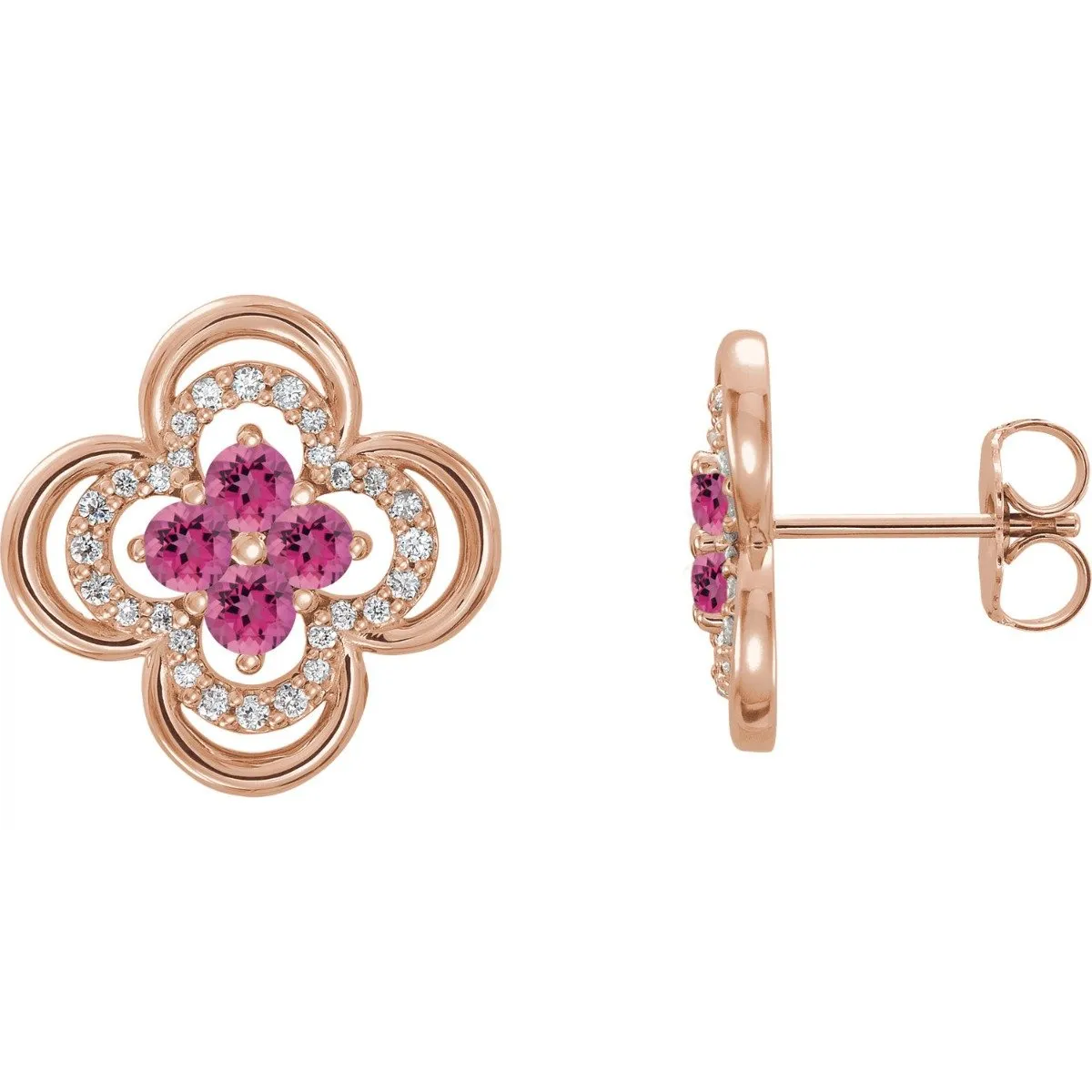 14KT GOLD 0.32 CTW PINK TOURMALINE & 1/5 CTW DIAMOND CLOVER EARRINGS