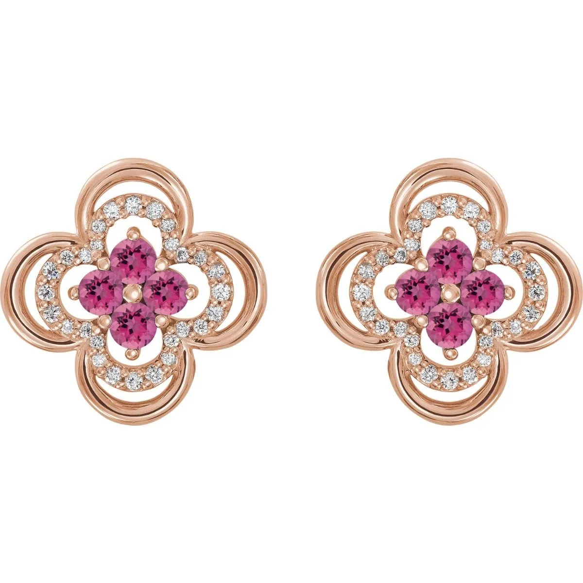 14KT GOLD 0.32 CTW PINK TOURMALINE & 1/5 CTW DIAMOND CLOVER EARRINGS
