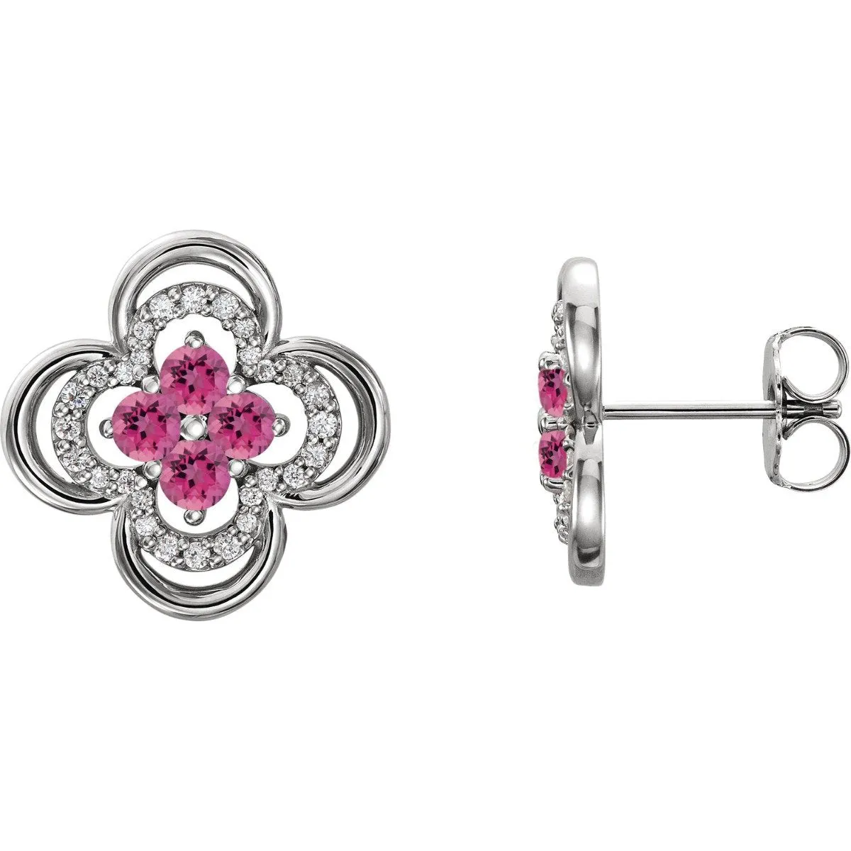 14KT GOLD 0.32 CTW PINK TOURMALINE & 1/5 CTW DIAMOND CLOVER EARRINGS