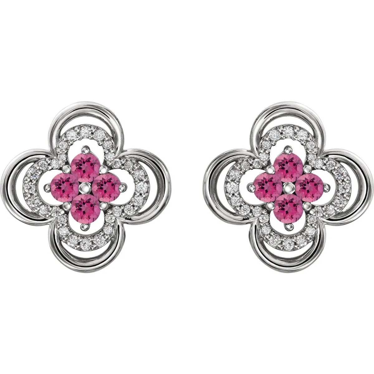 14KT GOLD 0.32 CTW PINK TOURMALINE & 1/5 CTW DIAMOND CLOVER EARRINGS