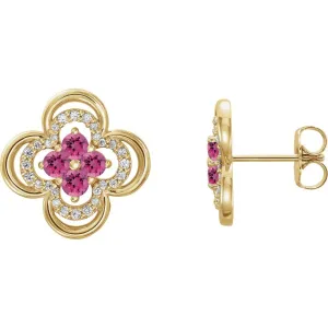 14KT GOLD 0.32 CTW PINK TOURMALINE & 1/5 CTW DIAMOND CLOVER EARRINGS
