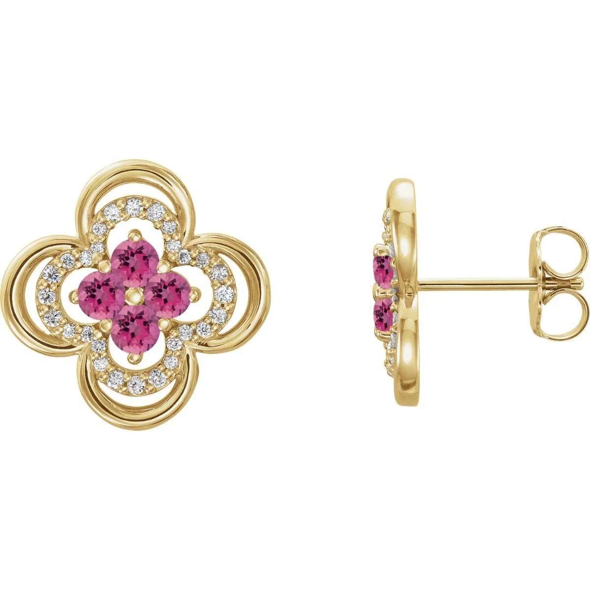14KT GOLD 0.32 CTW PINK TOURMALINE & 1/5 CTW DIAMOND CLOVER EARRINGS