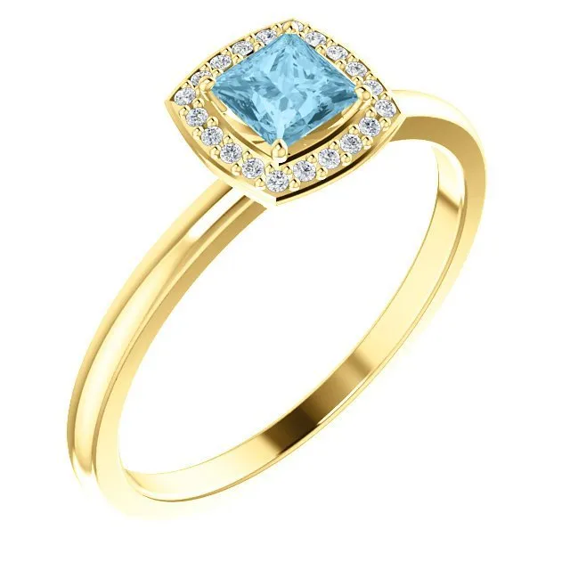 14KT GOLD 1/4 CT AQUAMARINE & 1/20 CTW DIAMOND HALO RING