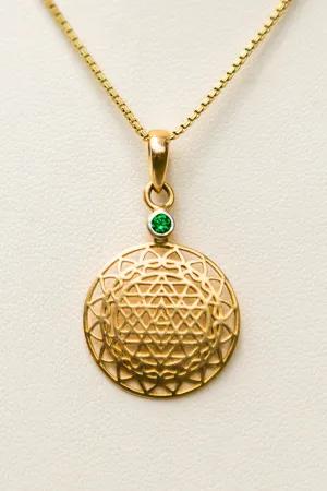 14kt Gold Sri Yantra Pendant Mounted with Emerald on 18kt Gold Chain