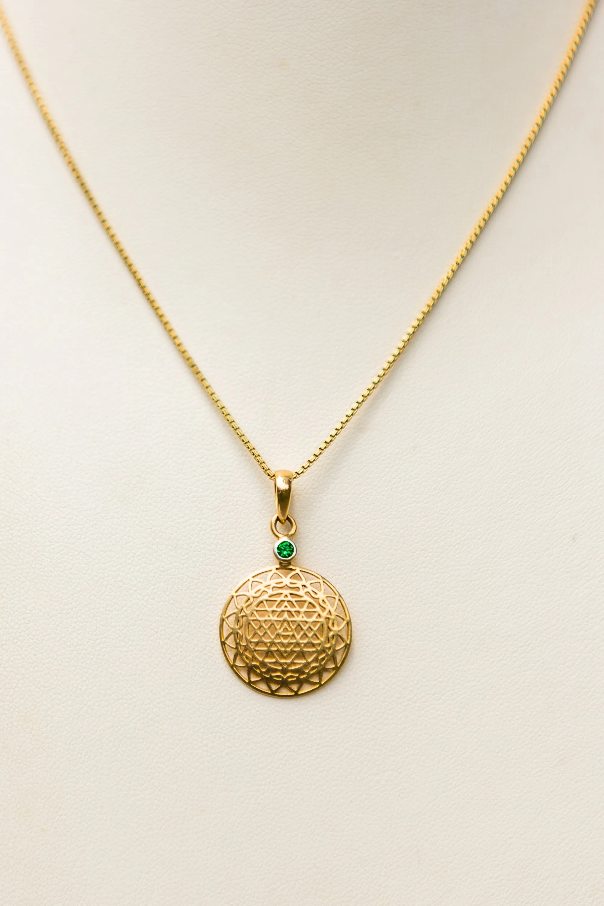 14kt Gold Sri Yantra Pendant Mounted with Emerald on 18kt Gold Chain