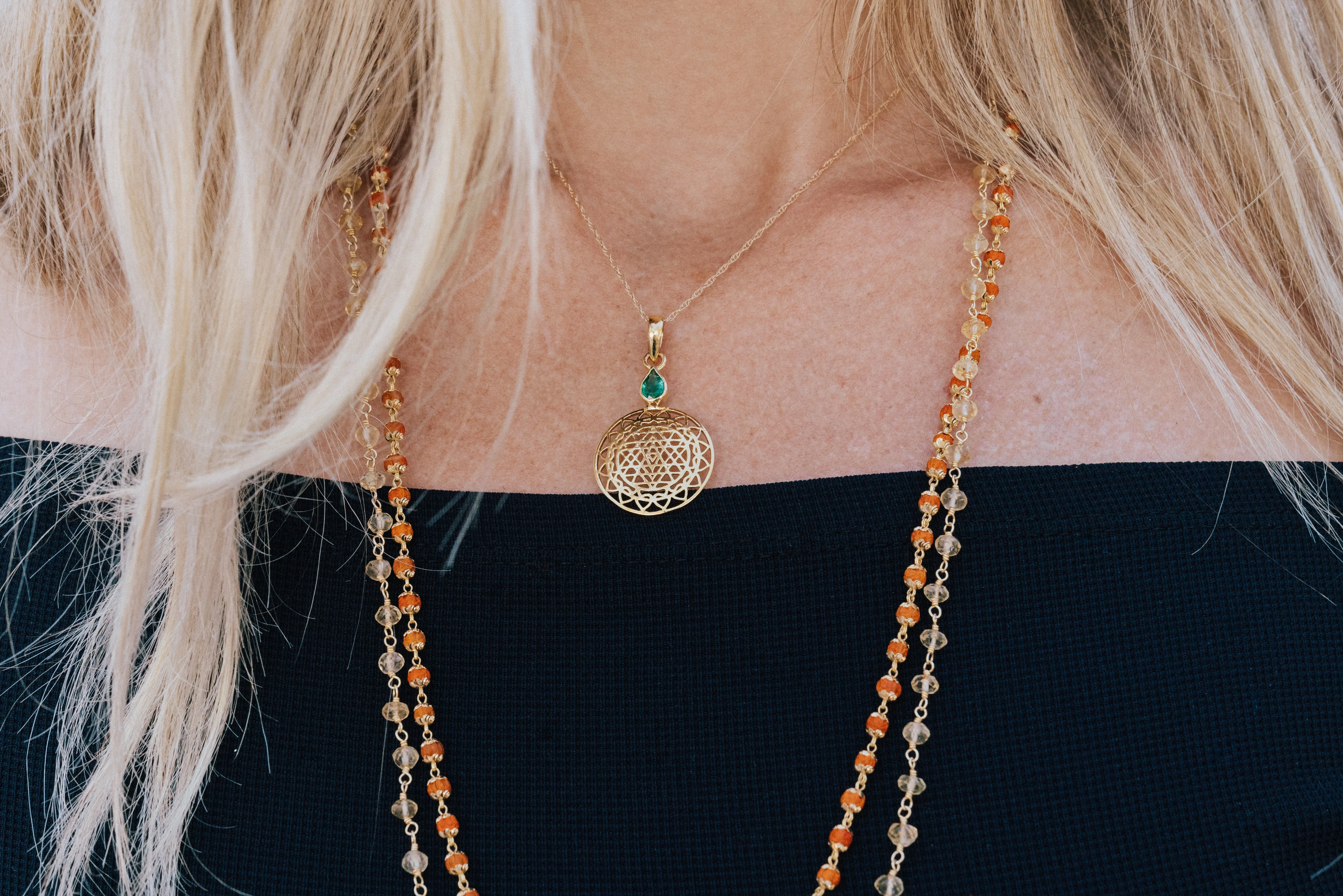 14kt Gold Sri Yantra Pendant Mounted with Emerald on 18kt Gold Chain