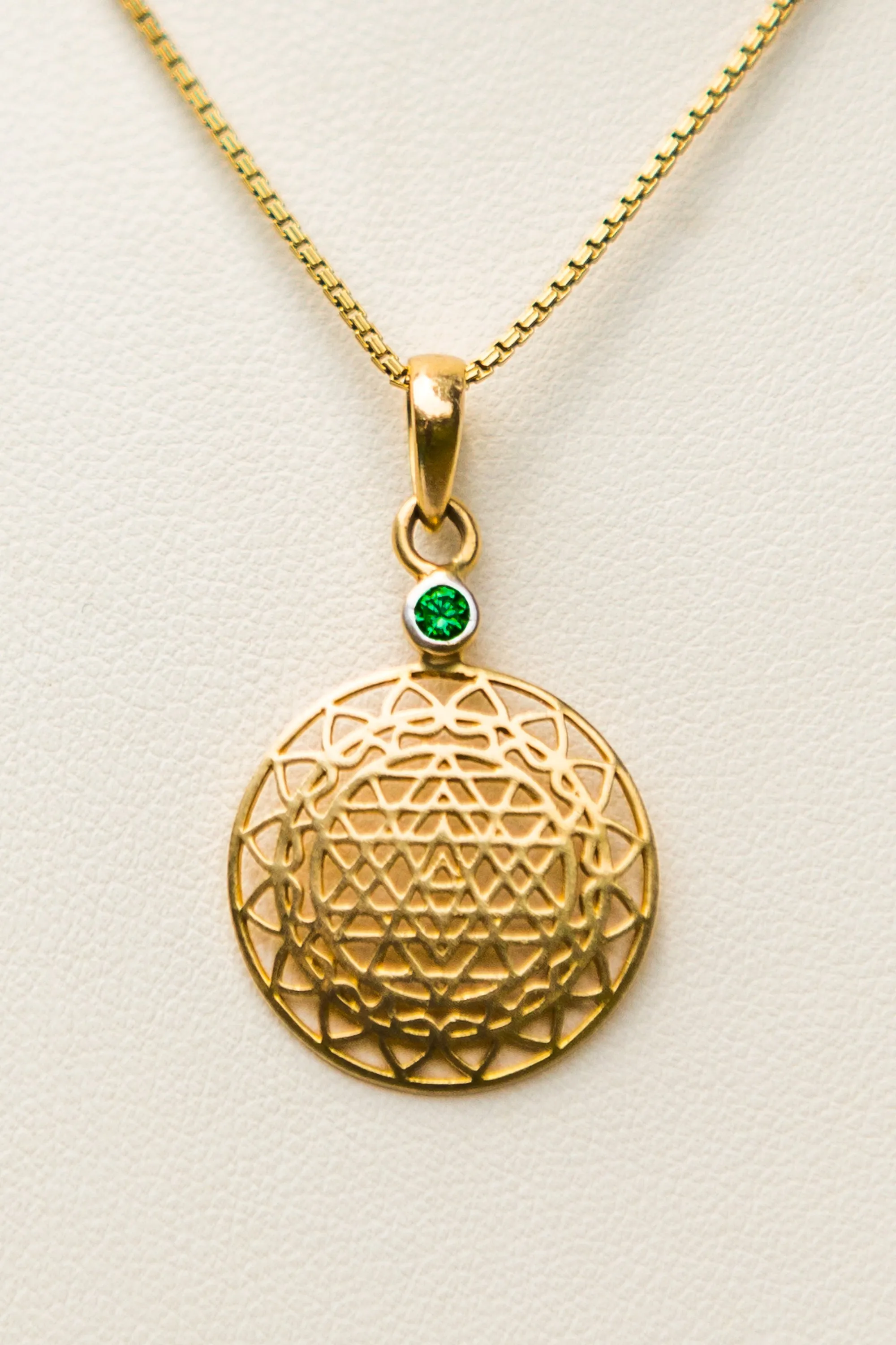 14kt Gold Sri Yantra Pendant Mounted with Emerald on 18kt Gold Chain