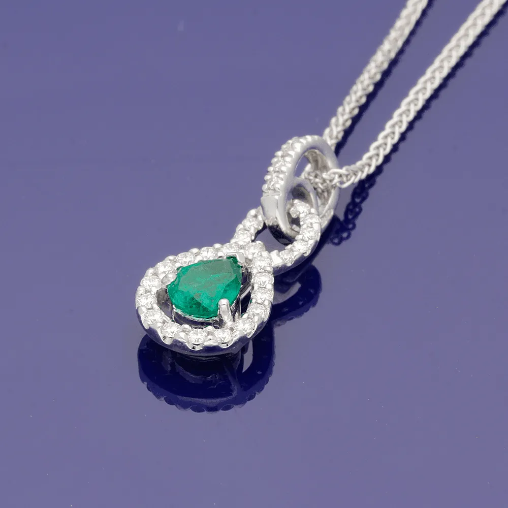 18ct White Gold Pear Cut Emerald & Diamond Necklace