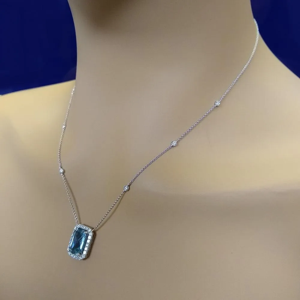 18ct White Gold Rectangular Cut Aquamarine and Diamond Necklace