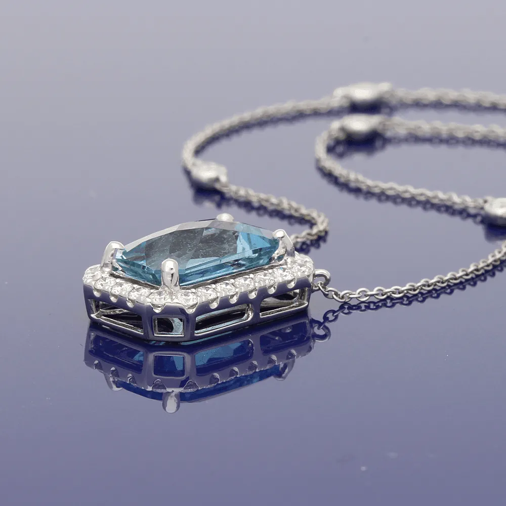 18ct White Gold Rectangular Cut Aquamarine and Diamond Necklace