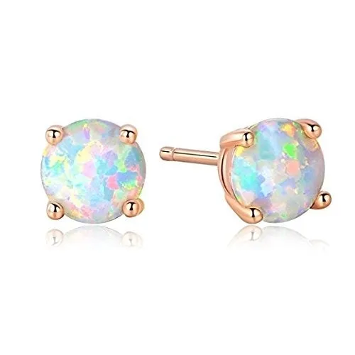 18K Rose Gold Plated Solid Sterling Silver 6mm Round White Opal Stud Earrings For Women