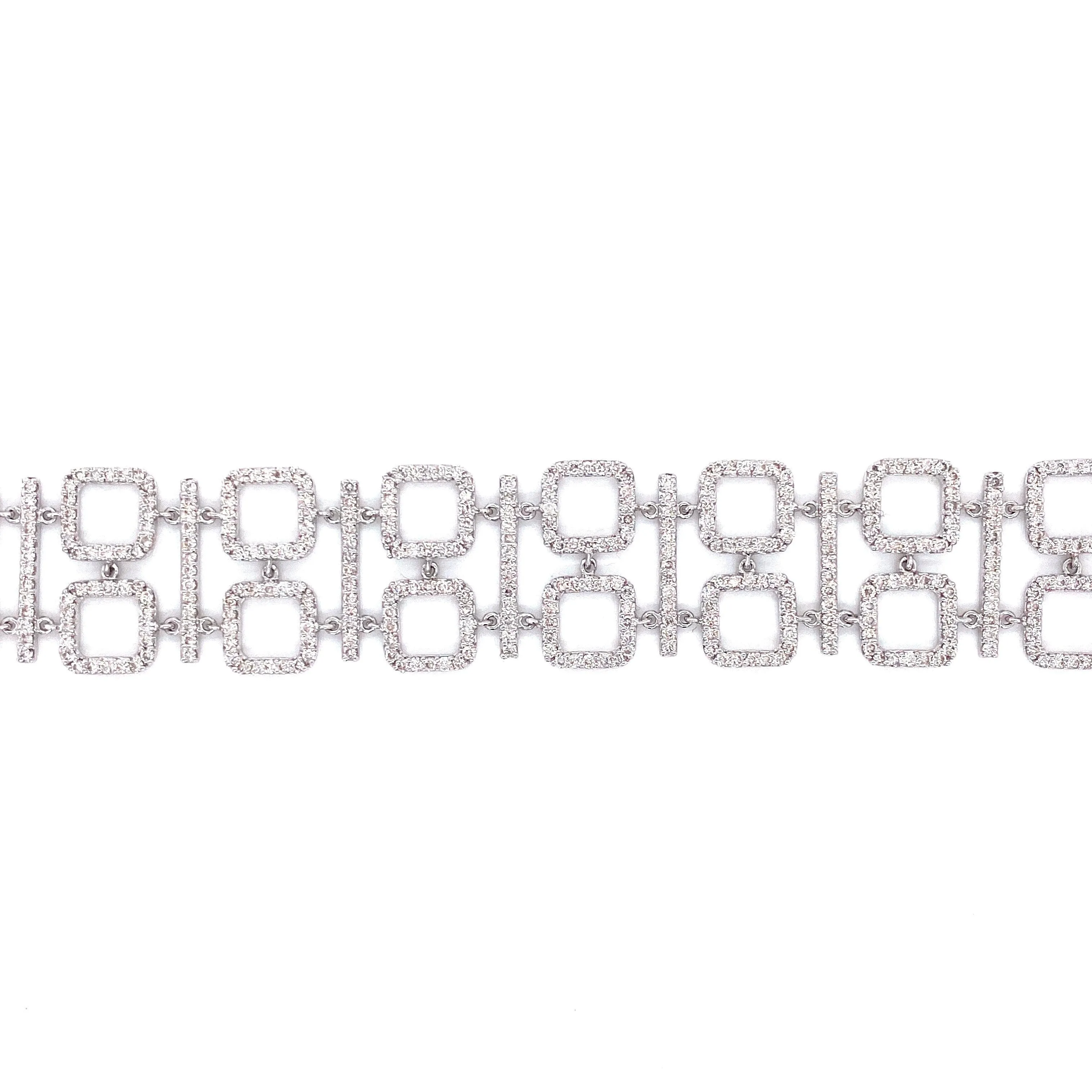18K White Gold Diamond Square   Bar Link Bracelet