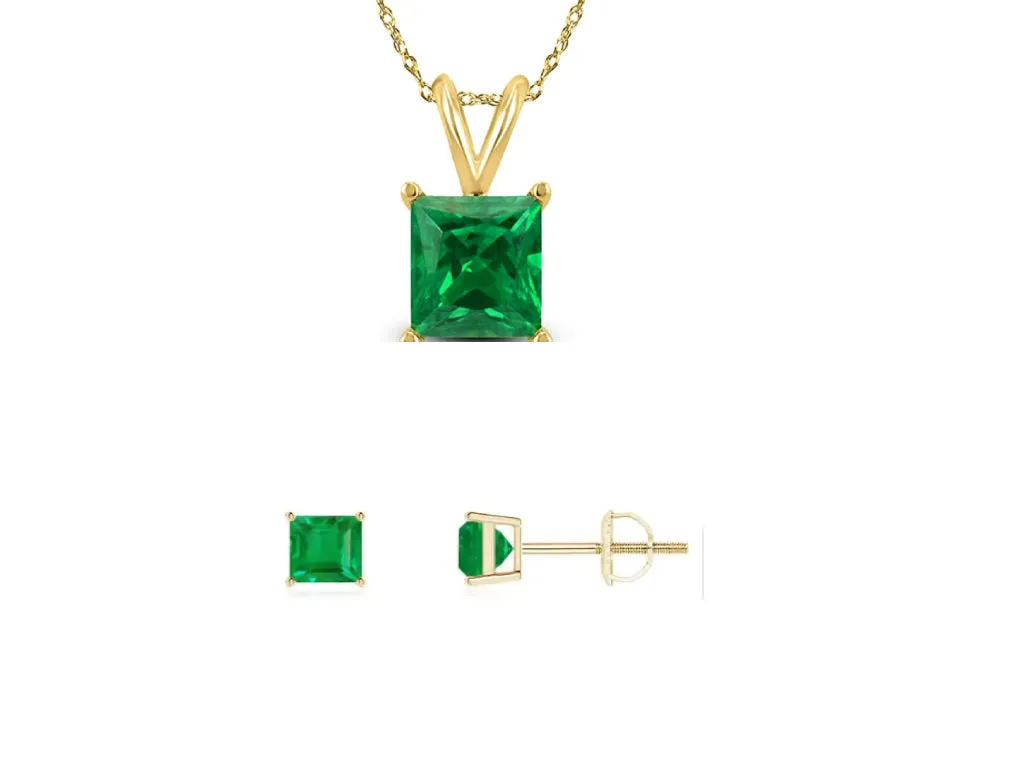 18K Yellow Gold 1/2ct Created Emerald CZ Square 18 Inch Necklace and Earrings Set Plated