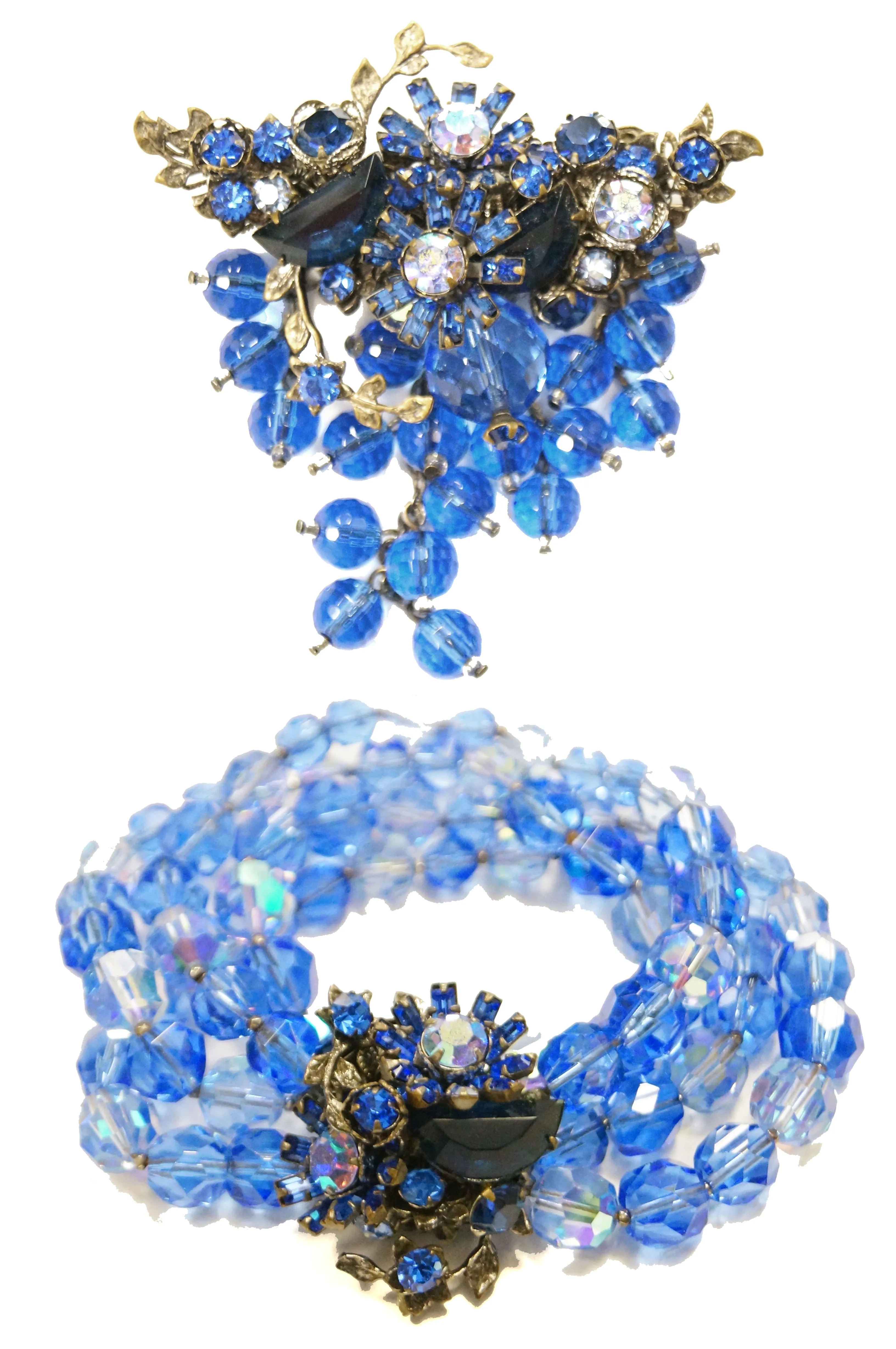 1950s DeMario Blue Beaded Floral Brooch and Bracelet Set