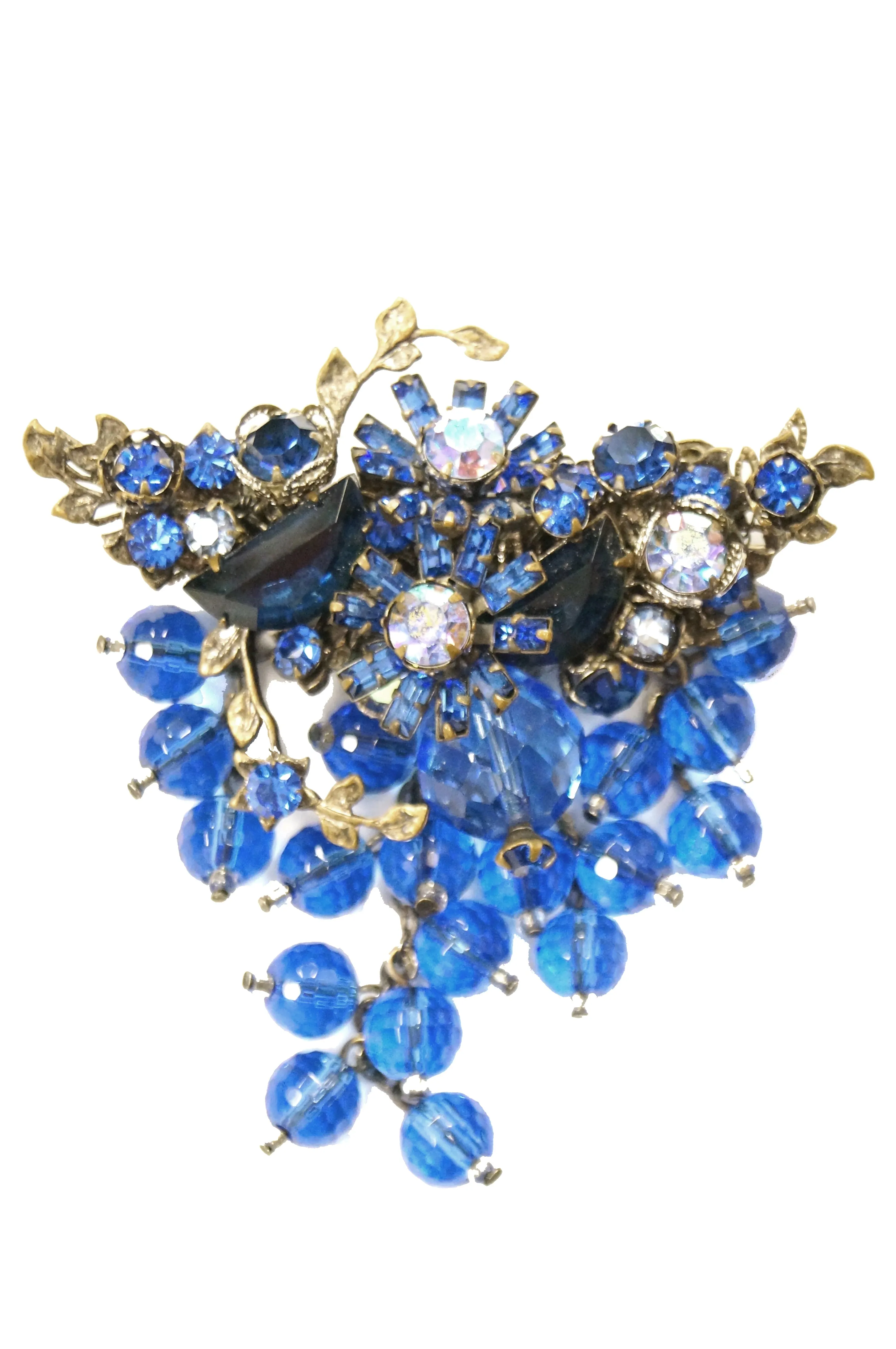 1950s DeMario Blue Beaded Floral Brooch and Bracelet Set