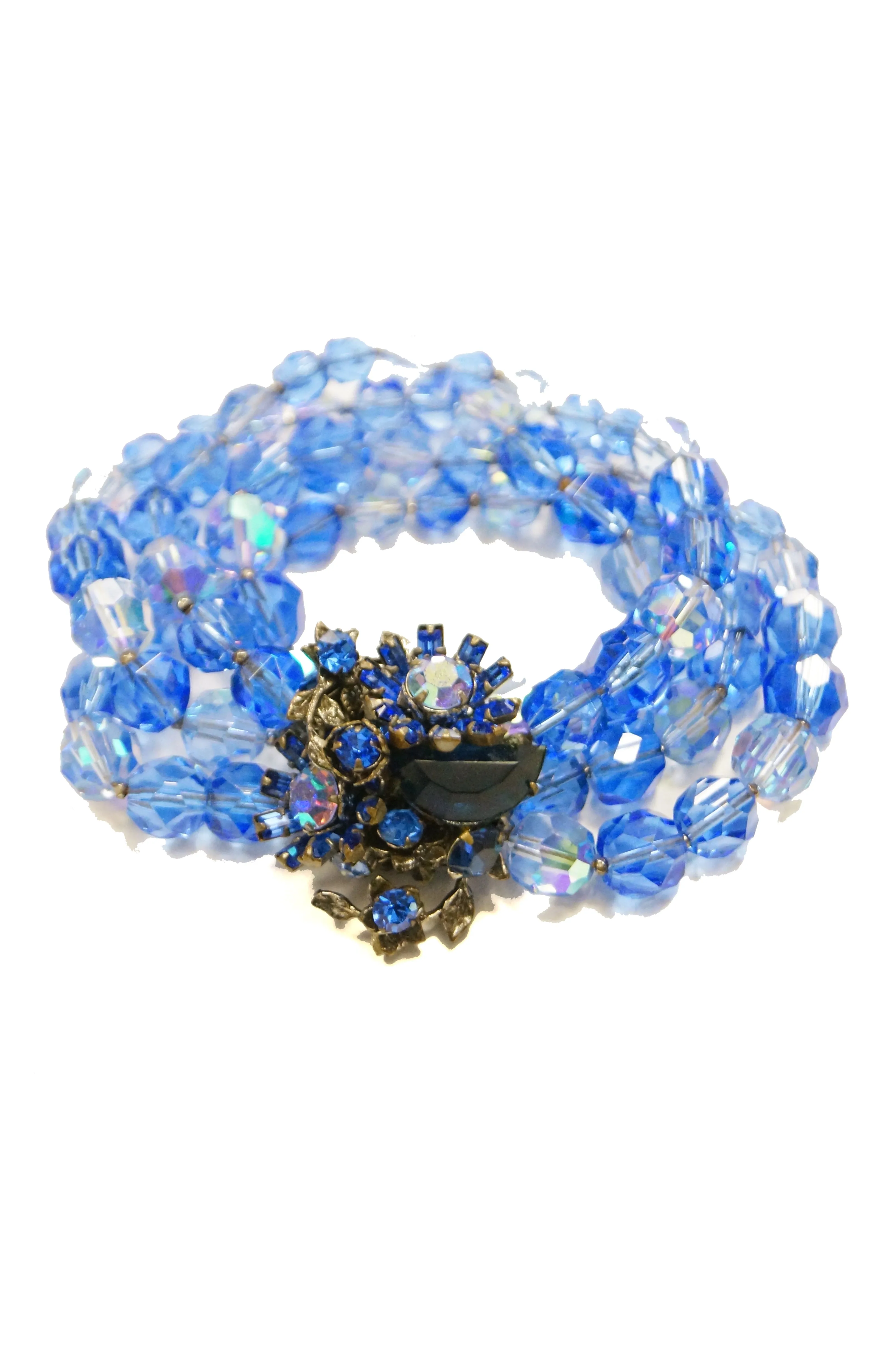 1950s DeMario Blue Beaded Floral Brooch and Bracelet Set