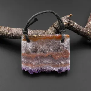 2 Hole Pendant Natural Peach Purple Amethyst Stalactite Druzy Pendant Drilled Flat Slice Long Rectangle