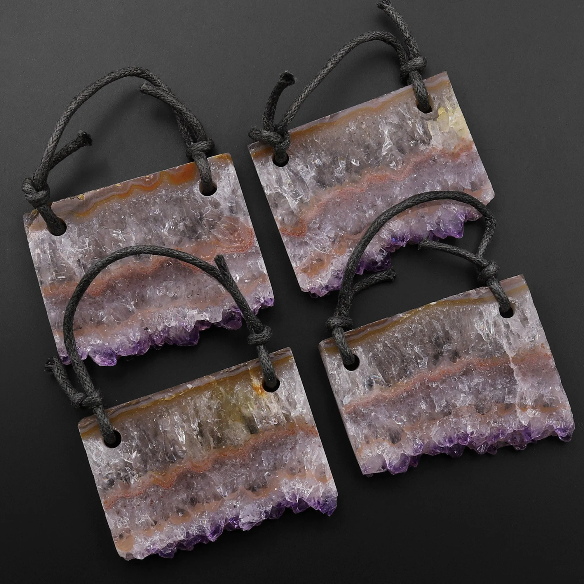 2 Hole Pendant Natural Peach Purple Amethyst Stalactite Druzy Pendant Drilled Flat Slice Long Rectangle