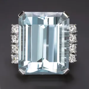 28 CARAT VINTAGE AQUAMARINE DIAMOND COCKTAIL RING EMERALD CUT 14k WHITE GOLD