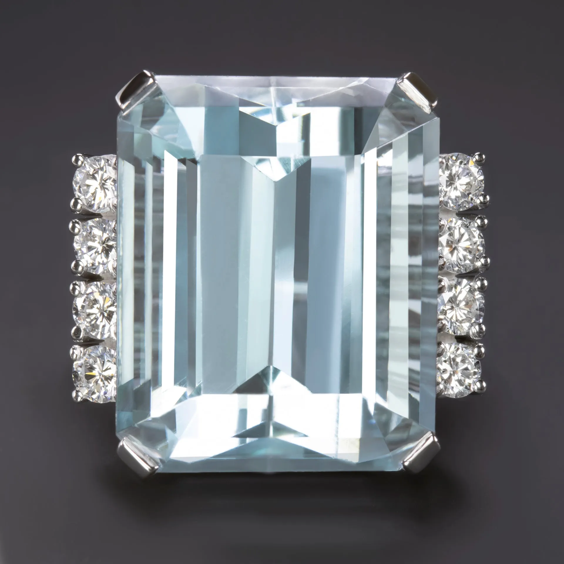 28 CARAT VINTAGE AQUAMARINE DIAMOND COCKTAIL RING EMERALD CUT 14k WHITE GOLD