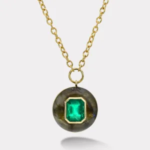 3.28ct Emerald Cut Emerald in Labradorite Lollipop Pendant
