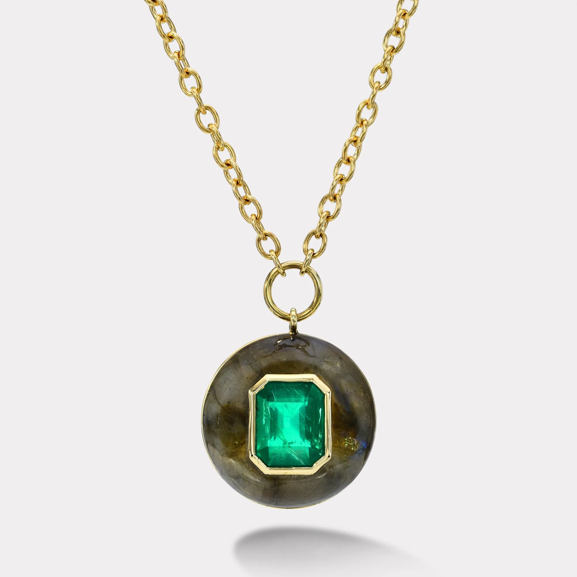 3.28ct Emerald Cut Emerald in Labradorite Lollipop Pendant