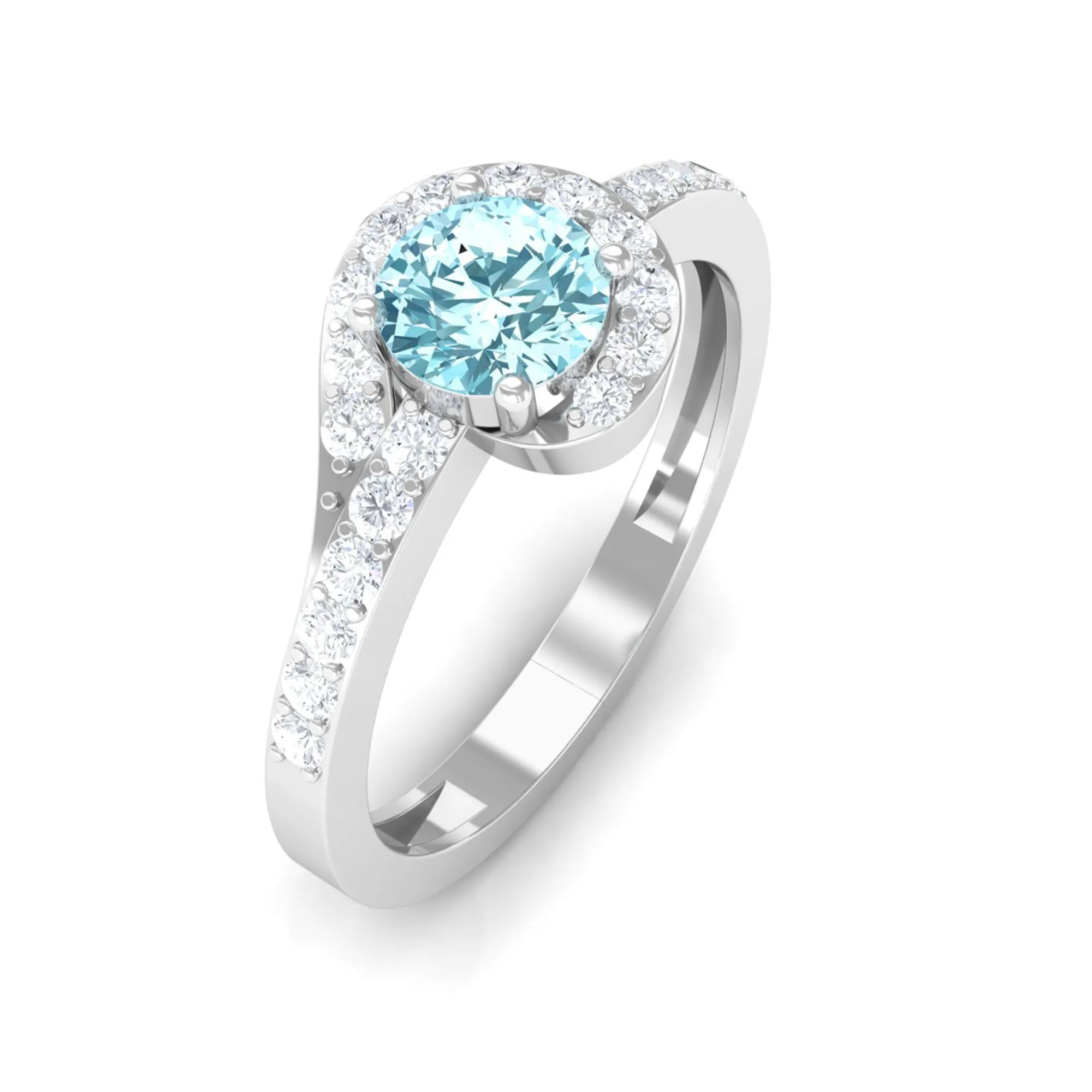 3/4 Ct Aquamarine and Diamond Halo Engagement Ring
