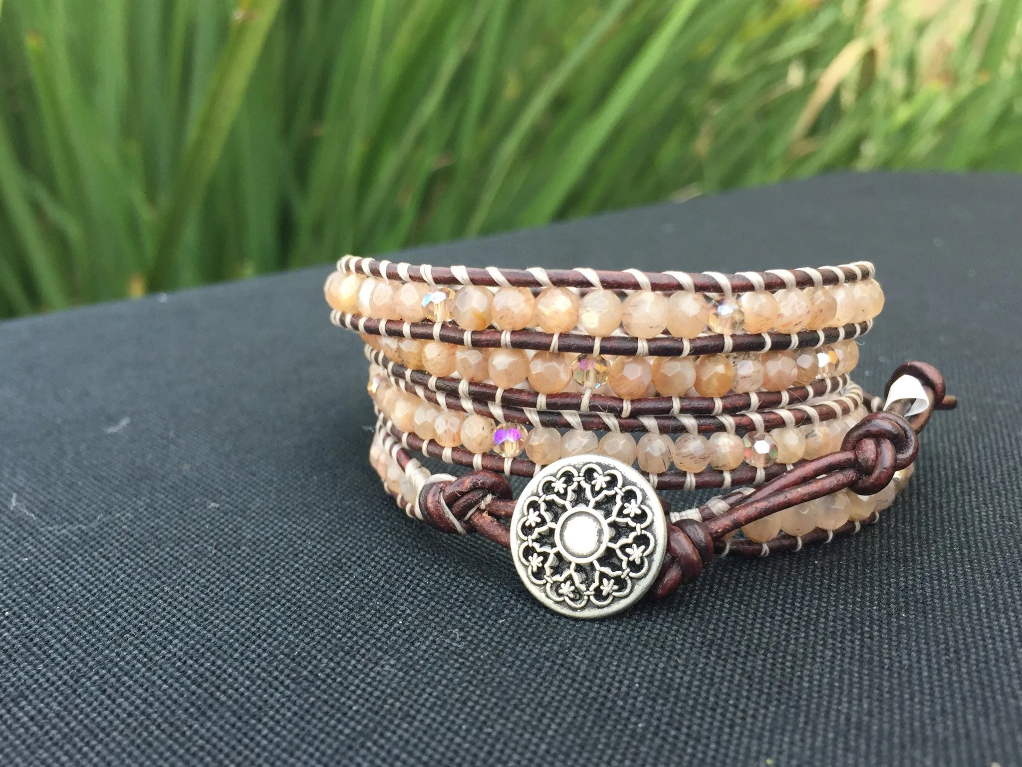 4-Wrap Bracelet - Silver/Peach Moonstone