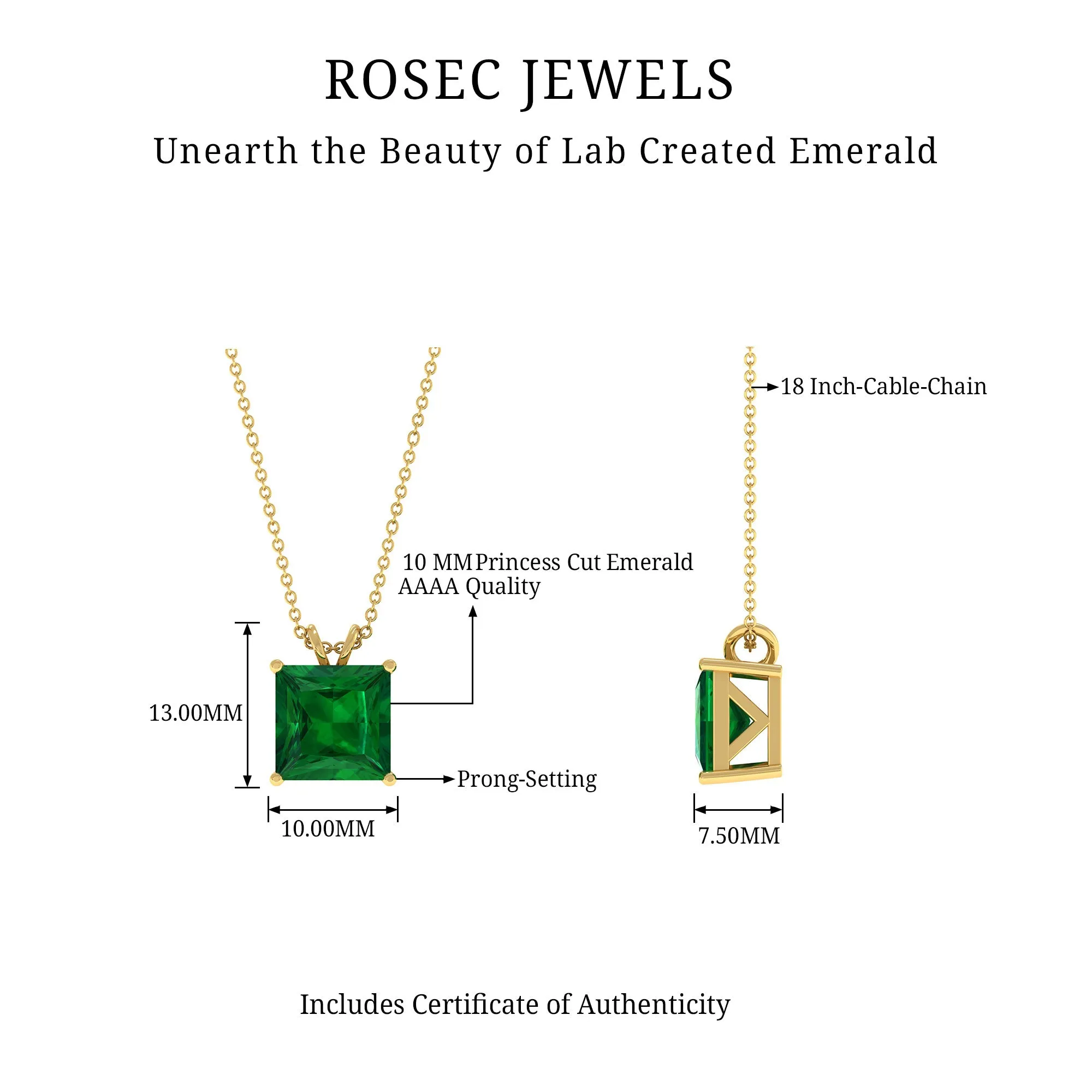 5 CT Princess Cut Created Emerald Solitaire Pendant