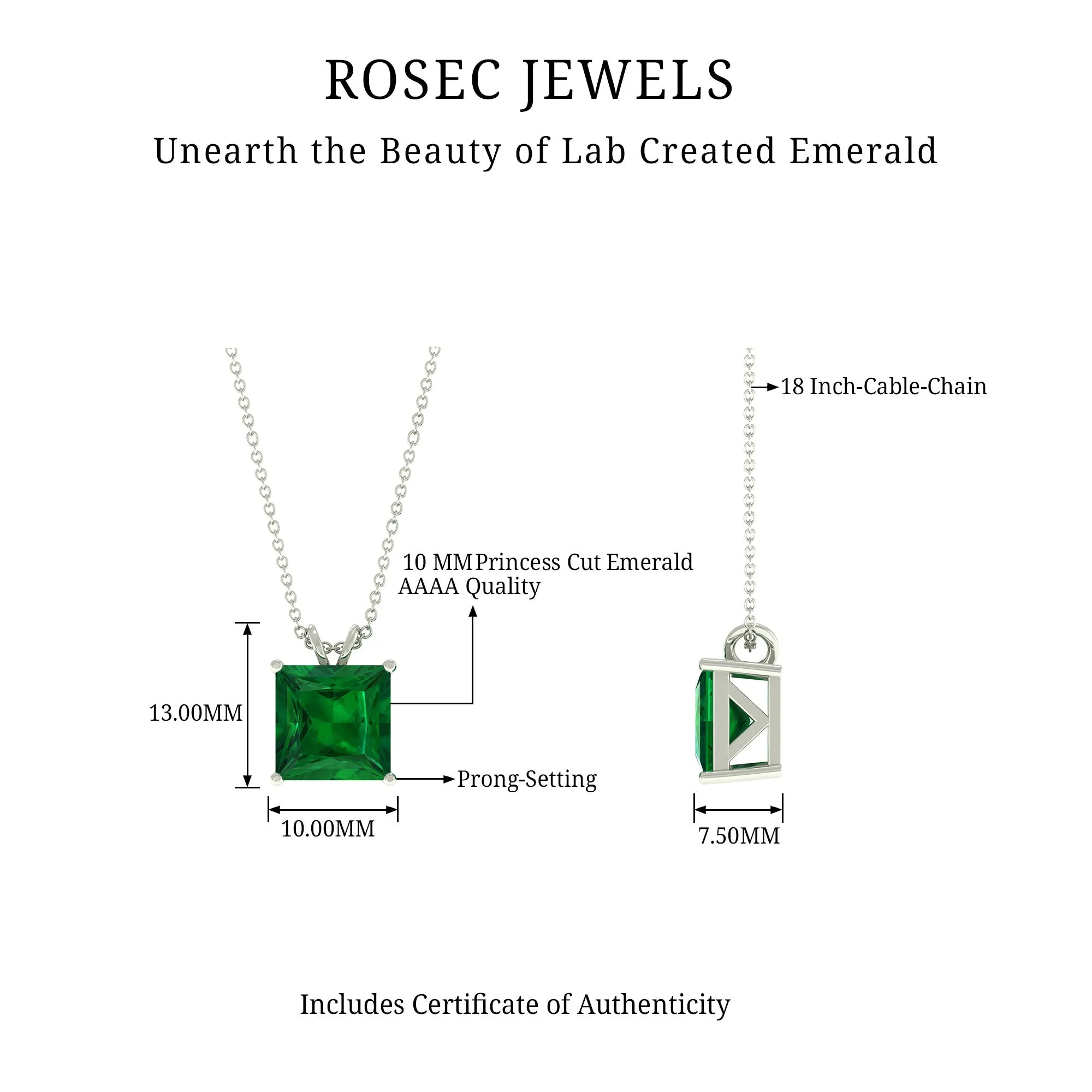 5 CT Princess Cut Created Emerald Solitaire Pendant