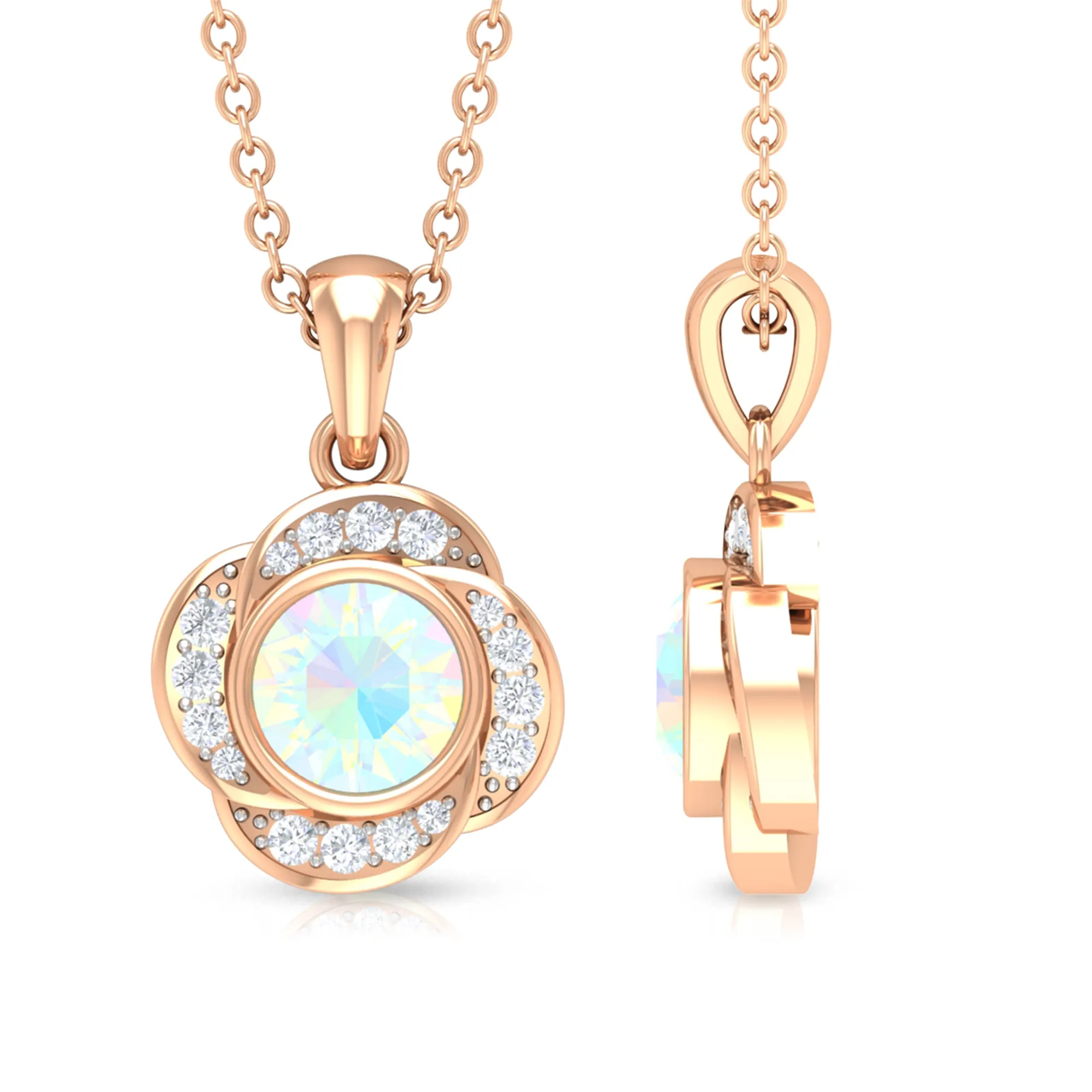 5 MM Round Shape Ethiopian Opal and Diamond Floral Pendant
