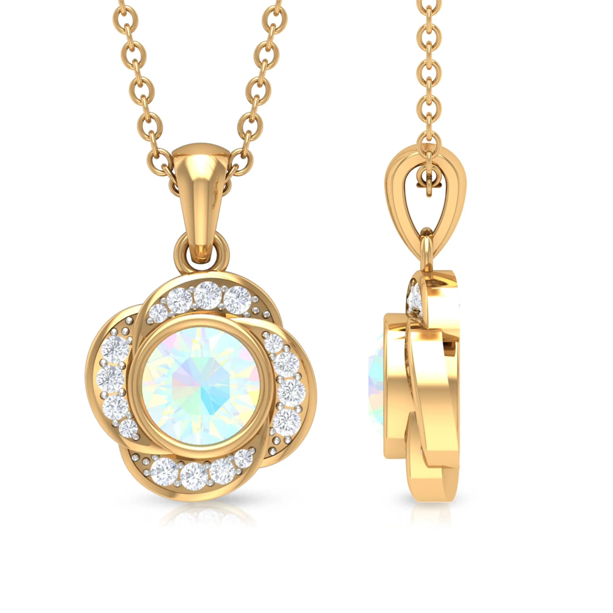 5 MM Round Shape Ethiopian Opal and Diamond Floral Pendant