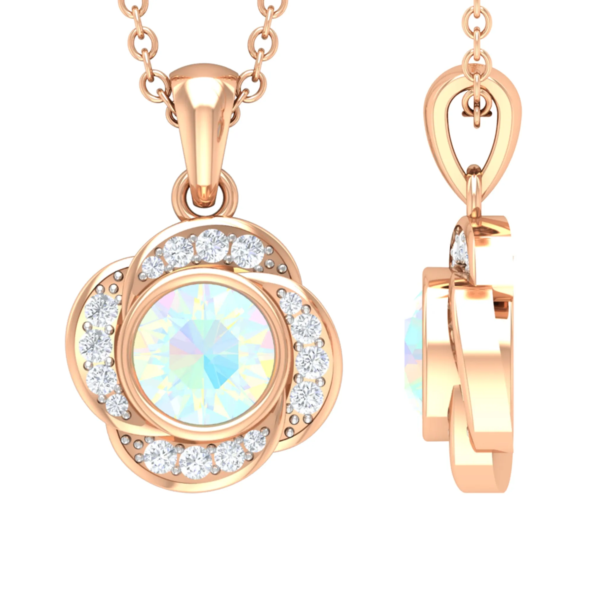 5 MM Round Shape Ethiopian Opal and Diamond Floral Pendant