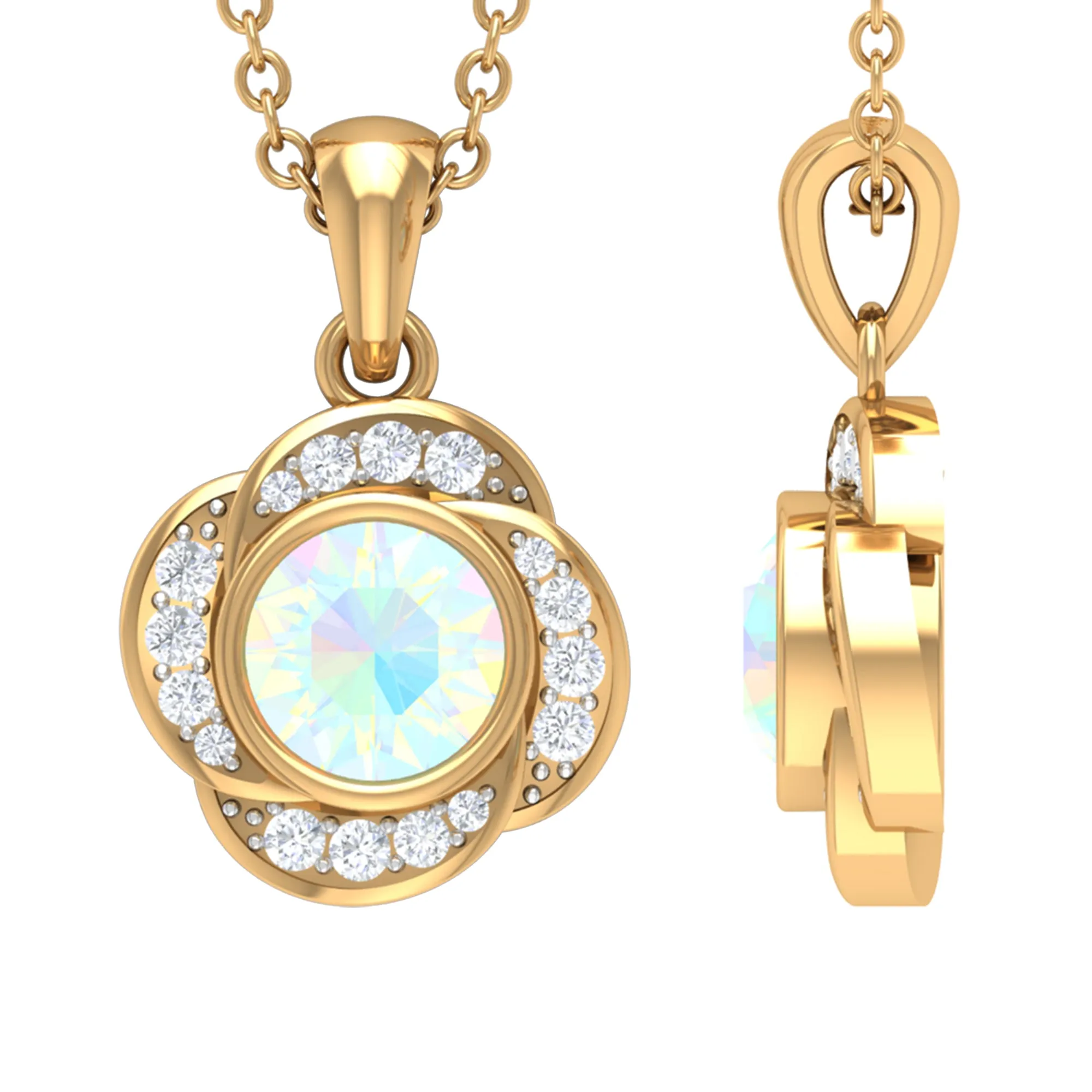 5 MM Round Shape Ethiopian Opal and Diamond Floral Pendant