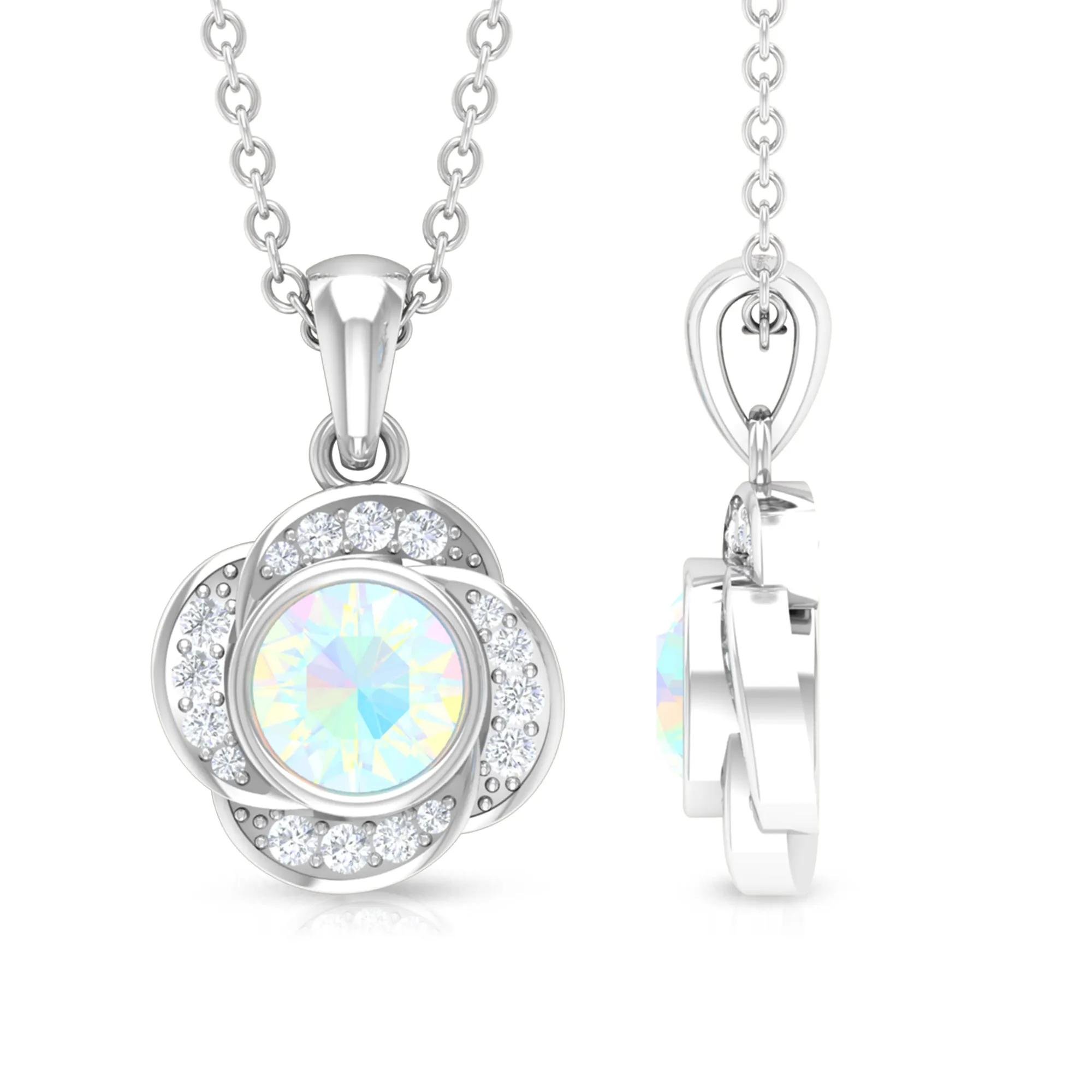 5 MM Round Shape Ethiopian Opal and Diamond Floral Pendant
