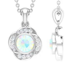5 MM Round Shape Ethiopian Opal and Diamond Floral Pendant