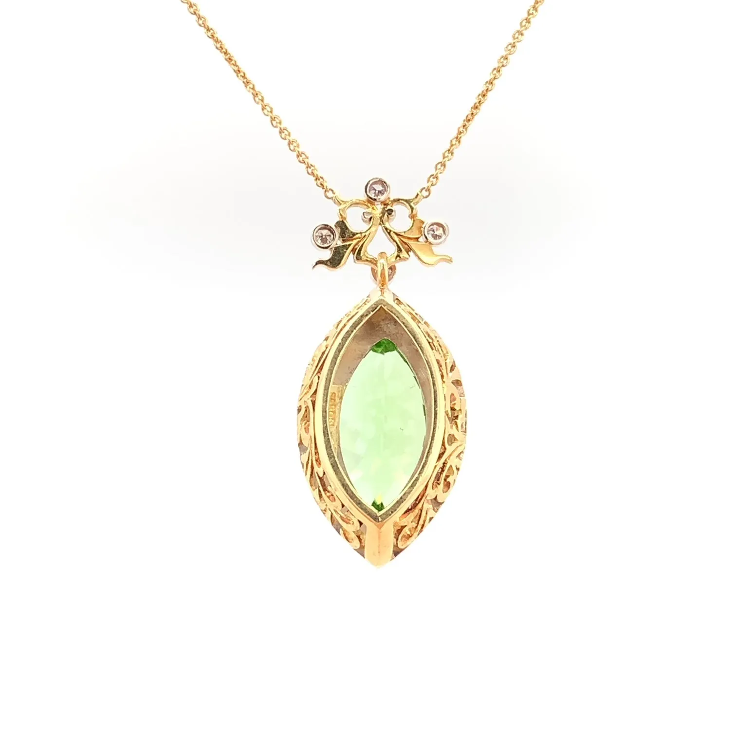 7.48 Carat Peridot Marquise, Diamond Halo, Handmade Bezel Yellow Gold Necklace