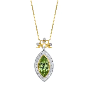7.48 Carat Peridot Marquise, Diamond Halo, Handmade Bezel Yellow Gold Necklace